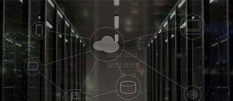 Server room with a cloud icon and other data icons to represent cloud management