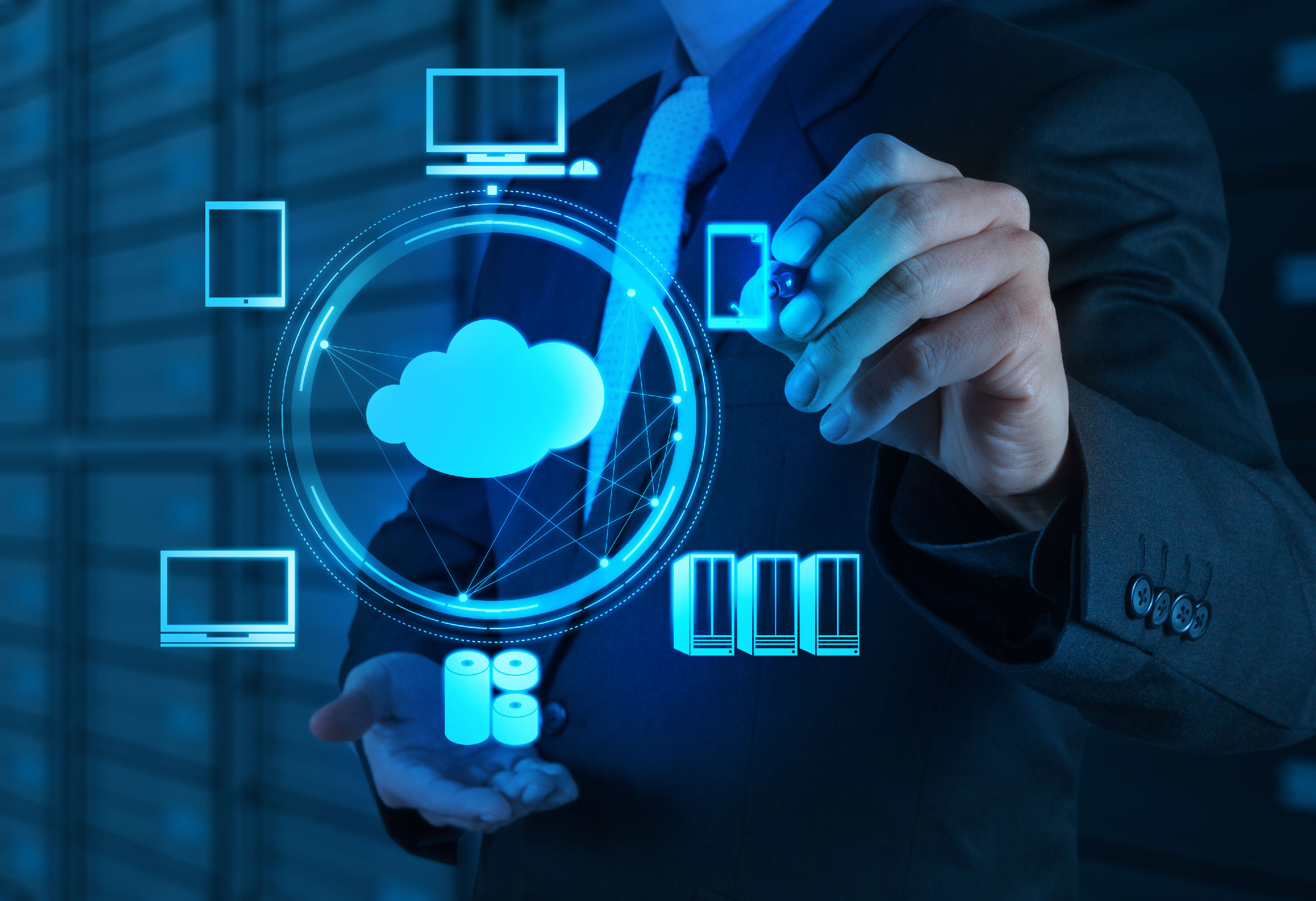 representation of the digital cloud with icons of computers, servers, and devices around it
